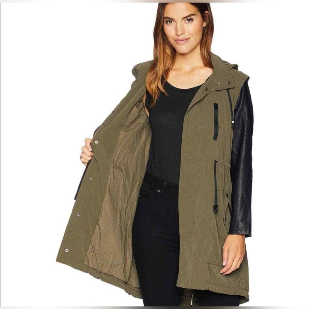 BLANKNYC Mixed Media Parka Olive Green Utility Jacket with Vegan Leather Sleeves